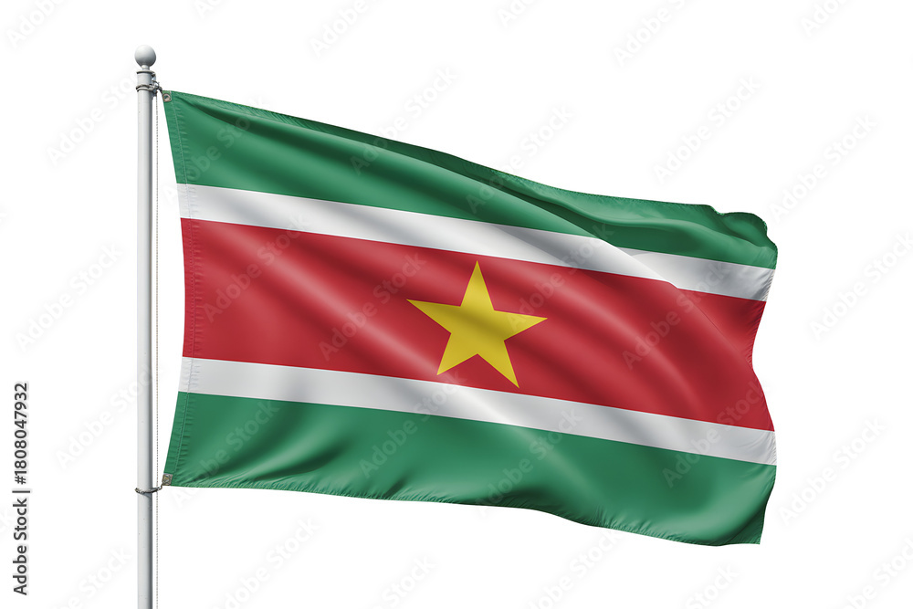Obraz premium Vibrant Suriname flag waving proudly on flagpole, symbolizing national pride and international representation, perfect for patriotic themes.