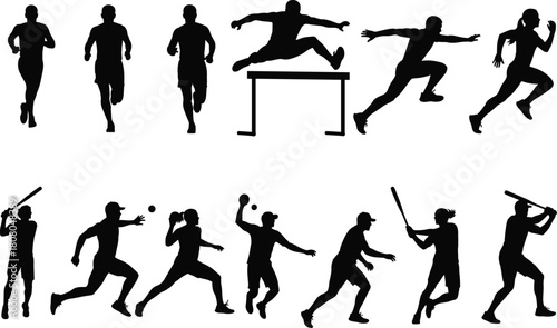 Set of black silhouettes showing athletes in action, featuring runners, hurdlers, and baseball players, isolated on white background for sports design