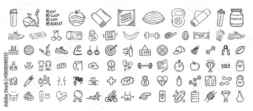 Fitness, sport and health icons doodle hand drawn set. Healthy lifestyle isolated symbols