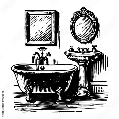 Vintage Bathroom with Clawfoot Bathtub Pedestal Sink and Mirrors Black and White Outline Line Art Drawing