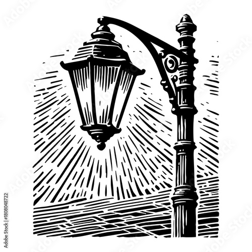 Classic Ornate Street Lamp Post Black and White Outline Line Art Drawing Illustration