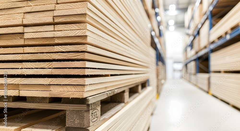 Fototapeta premium Stacks of Wooden Planks on Pallets Inside a Warehouse Ready for Shipping and Distribution