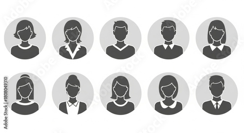 Avatars in Black and White, Business Icons Collection, Digital Illustration, Front View, Minimalist Concept