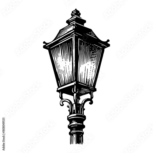 Vintage Ornate Street Lamp Post Antique Design Black and White Outline Line Art Drawing Isolated Object