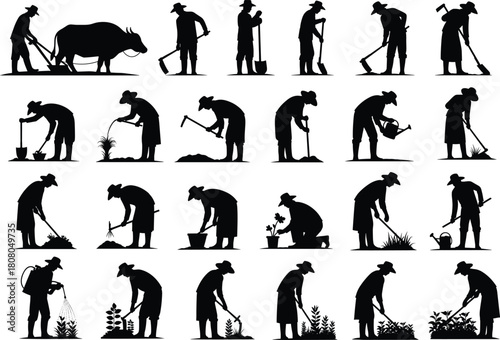 Set of farmer silhouettes, agricultural workers planting and digging, vector illustration collection, rural farming life icons, gardener working with tools, black figures.