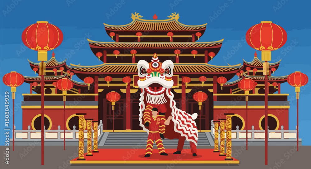 Naklejka premium Chinese lion dance performance in front of traditional temple