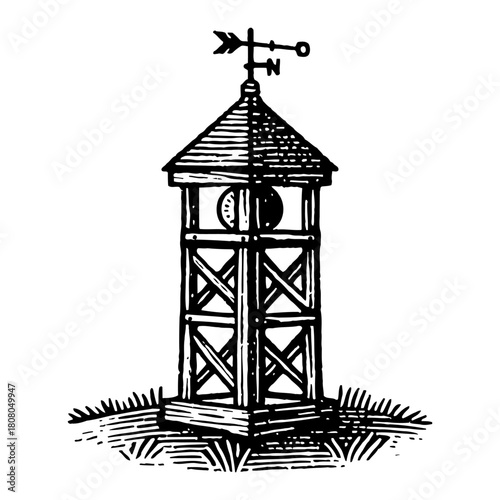 Black and White Outline Line Art Drawing of a Weather Vane Structure with Cupola Compass Dial Vintage Engraved Style