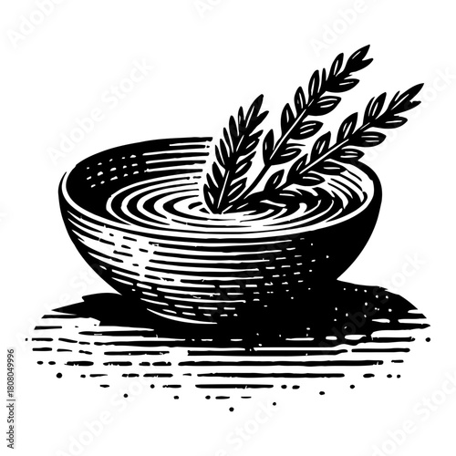 Rustic Bowl with Cereal Grains and Water Ripples Black and White Outline Line Art Drawing