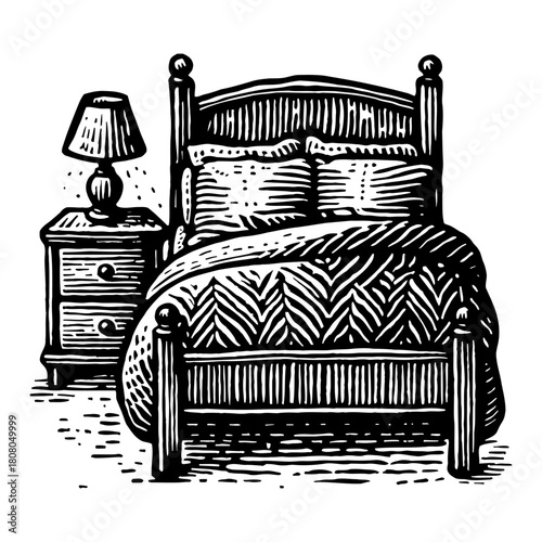 Detailed Bedroom Interior with Bed Nightstand Lamp Black and White Outline Line Art Drawing Woodcut Engraving Style