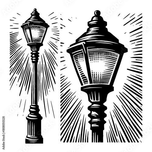 Vintage Street Lamp Post Black and White Outline Line Art Drawing with Radiant Light Rays