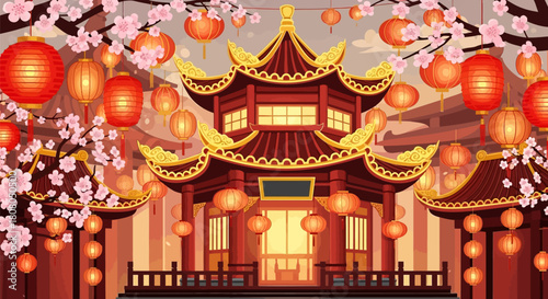 Chinese Temple with Lanterns and Cherry Blossoms