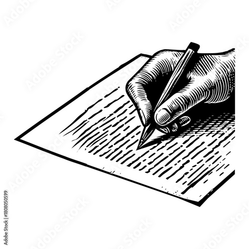 Hand Writing Document with Pen on Paper Black and White Outline Line Art Drawing Vintage Style