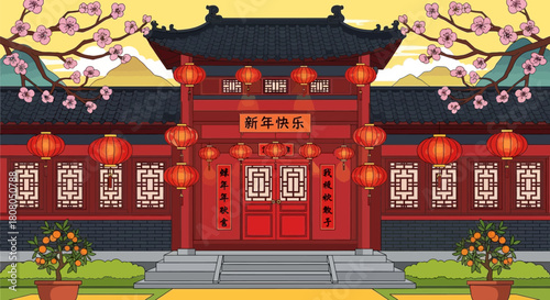 Chinese Temple Gate with Red Lanterns and Cherry Blossoms