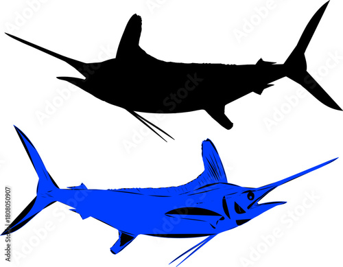 Blue and black silhouettes of White Marlin fish