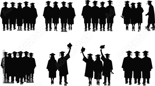 Set of graduation silhouettes, groups of students in academic dress, university commencement ceremony, celebrating success, holding diplomas, black vector illustration collection.