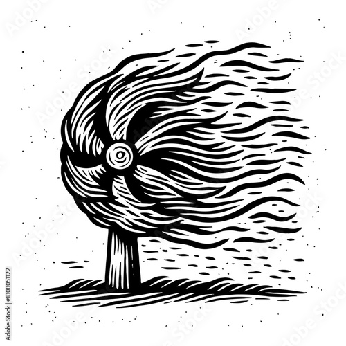 Wind Blown Tree With Swirling Leaves and Strong Movement Black and White Outline Line Art Drawing
