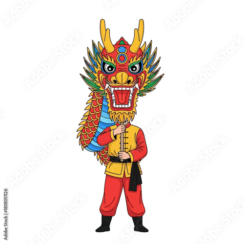 Dragon Dance Performer in Traditional Chinese Costume