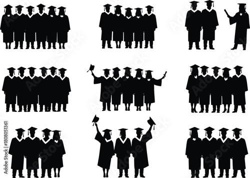 Set of graduation silhouettes, student groups in academic dress, university commencement ceremony, college success, holding diplomas, throwing caps, black vector illustration collection.