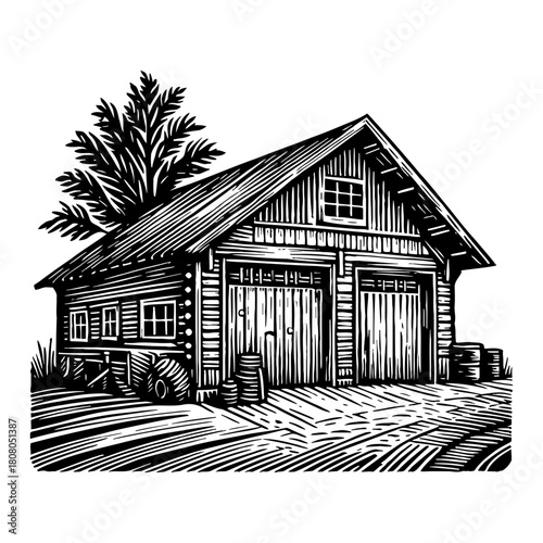 Traditional Wooden Barn Garage Building with Tree Behind Black and White Outline Line Art Drawing