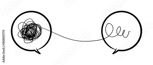 Messy Confused Line Unravels into Clarity and Solution in Speech Bubbles