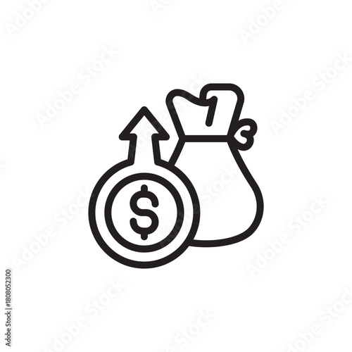 Line art icon of a money bag and a dollar coin with an upward arrow, symbolizing financial growth and investment success.