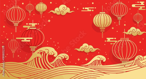 Chinese New Year background with gold lanterns and waves