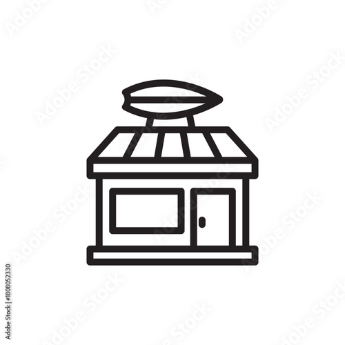 Line art icon of a small surf shop building with a striped awning and a surfboard on the roof, representing a beach business.
