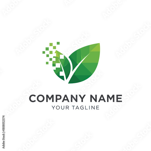 Green Leaf Logo with Digital Pixelated Effect Representing Nature and Technology.