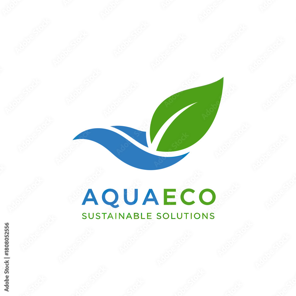 Fototapeta premium AquaEco Sustainable Solutions Logo with Green Leaf and Blue Wave.