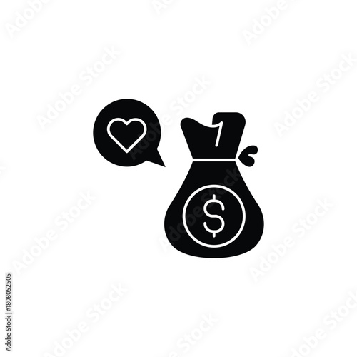 A black silhouette icon depicting a money bag with a dollar sign and a speech bubble containing a heart, symbolizing donation or financial love.