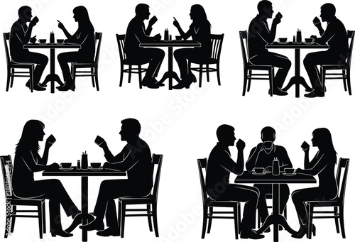 Set of silhouettes of people sitting at cafe tables drinking coffee, talking, and dating, representing social meeting and restaurant dining, vector illustration