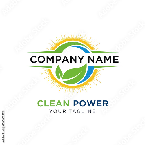 Clean energy company logo design with solar panel and leaves.