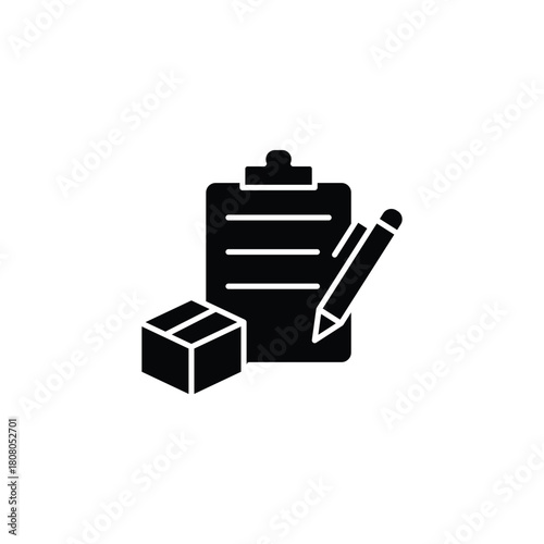 Black silhouette icon depicting logistics, inventory management, or order fulfillment with a clipboard, pen, and package.
