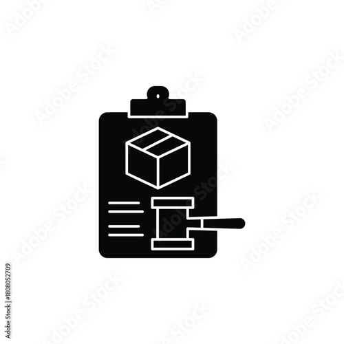 Black silhouette icon of a clipboard with a package box and a gavel, representing shipping regulations or legal logistics.