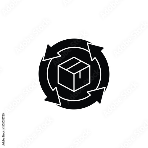 A black and white icon depicting a package box within a circular arrow cycle, symbolizing recycling, returns, or product flow.