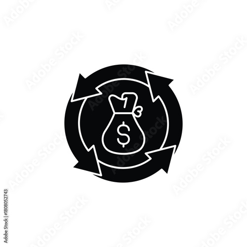 Black and white icon depicting a money bag with a dollar sign surrounded by circular arrows, symbolizing financial circulation and economic flow.