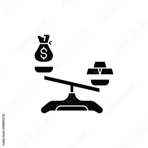 Balance scale comparing money bag and gold bars, symbolizing financial value, investment, or economic concepts.