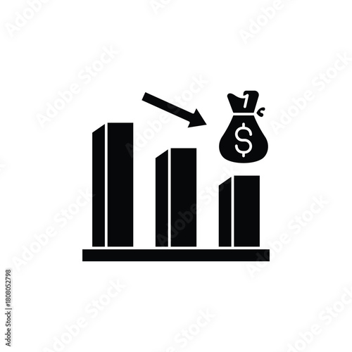 Black icon depicting a bar chart with a downward trend and a money bag, symbolizing financial decline or loss.