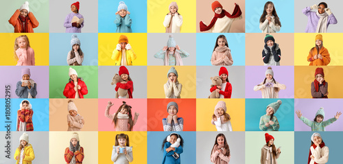Collection of children in stylish winter outfit on color background