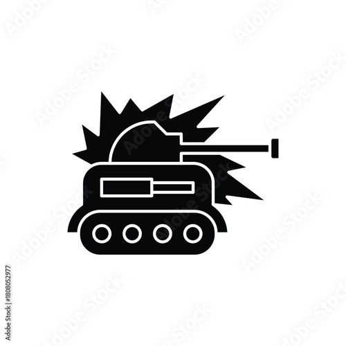 Black silhouette icon of a military tank firing with an explosion graphic behind it.