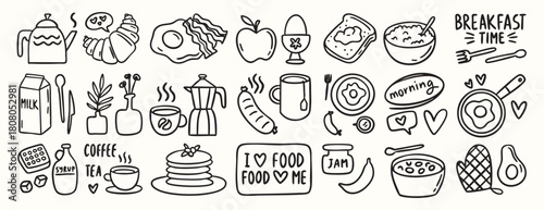 Breakfast doodle set of chalk style food and coffee icons for cafe menu, invitations, Italian brunch, cute croissant, cup, eggs, minimal vector