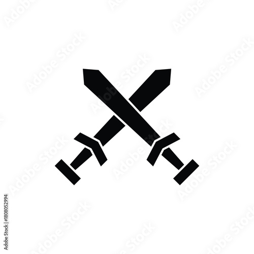 Black silhouette of two crossed swords on a white background, symbolizing conflict or medieval weaponry.