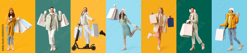 © Pixel-Shot - Collage of young women in stylish winter clothes and with shopping bags on color background