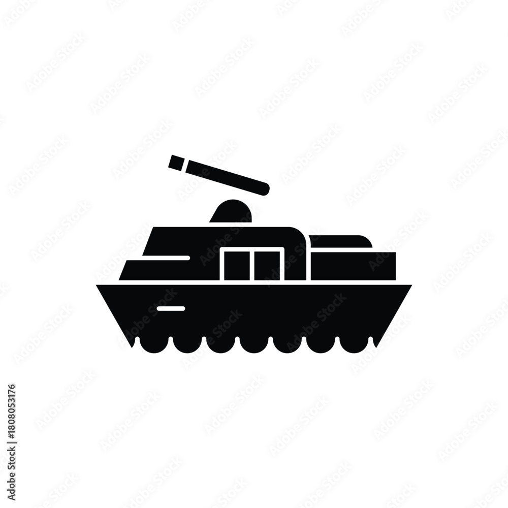 Fototapeta premium Black silhouette icon of a military tank or armored vehicle with a cannon on a white background.