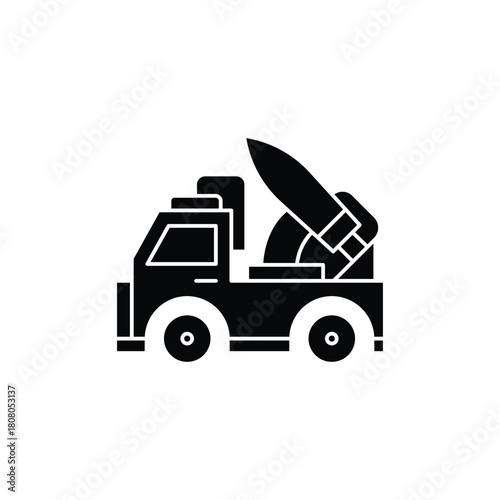 A black silhouette icon of a military truck carrying a large missile launcher, depicted on a white background.