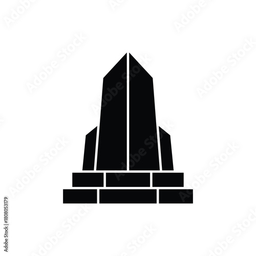 A black silhouette of a stylized monument or modern building with a stepped base, resembling an obelisk or a skyscraper, on a white background.