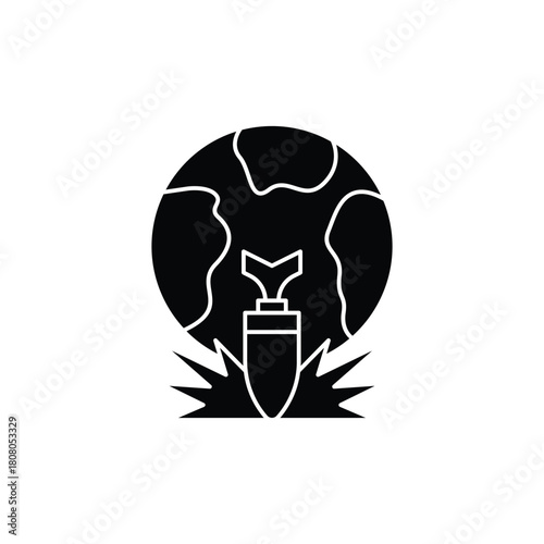 A black silhouette icon depicting a bomb or missile striking the Earth, symbolizing global conflict, war, or destruction.