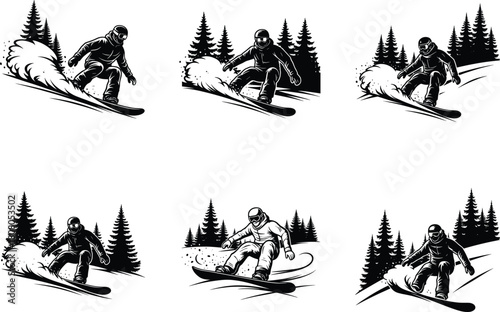 Set of snowboarder silhouettes riding down mountain slopes, winter extreme sport vector illustration, black and white design with pine trees and snow spray.