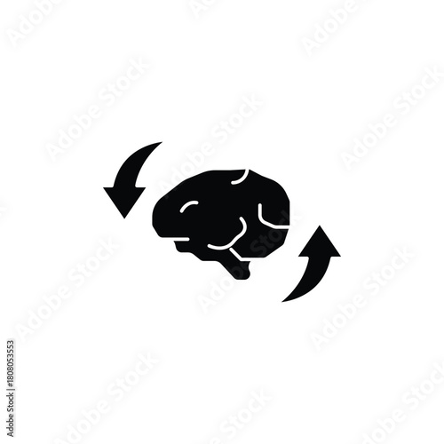 A black silhouette of a human brain with two arrows circling it, symbolizing thought processes and mental activity.