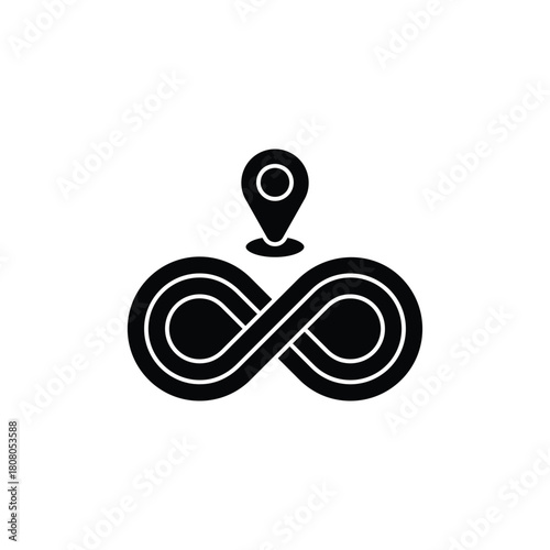 Black infinity symbol with a location pin icon above, representing endless journey or continuous tracking.